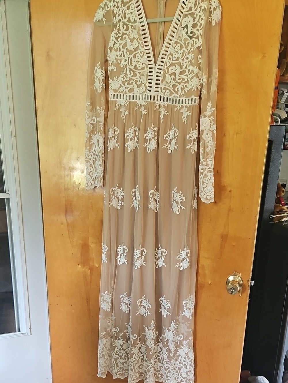 Sheer Lace Embroidered Maxi Dress in Beige and White